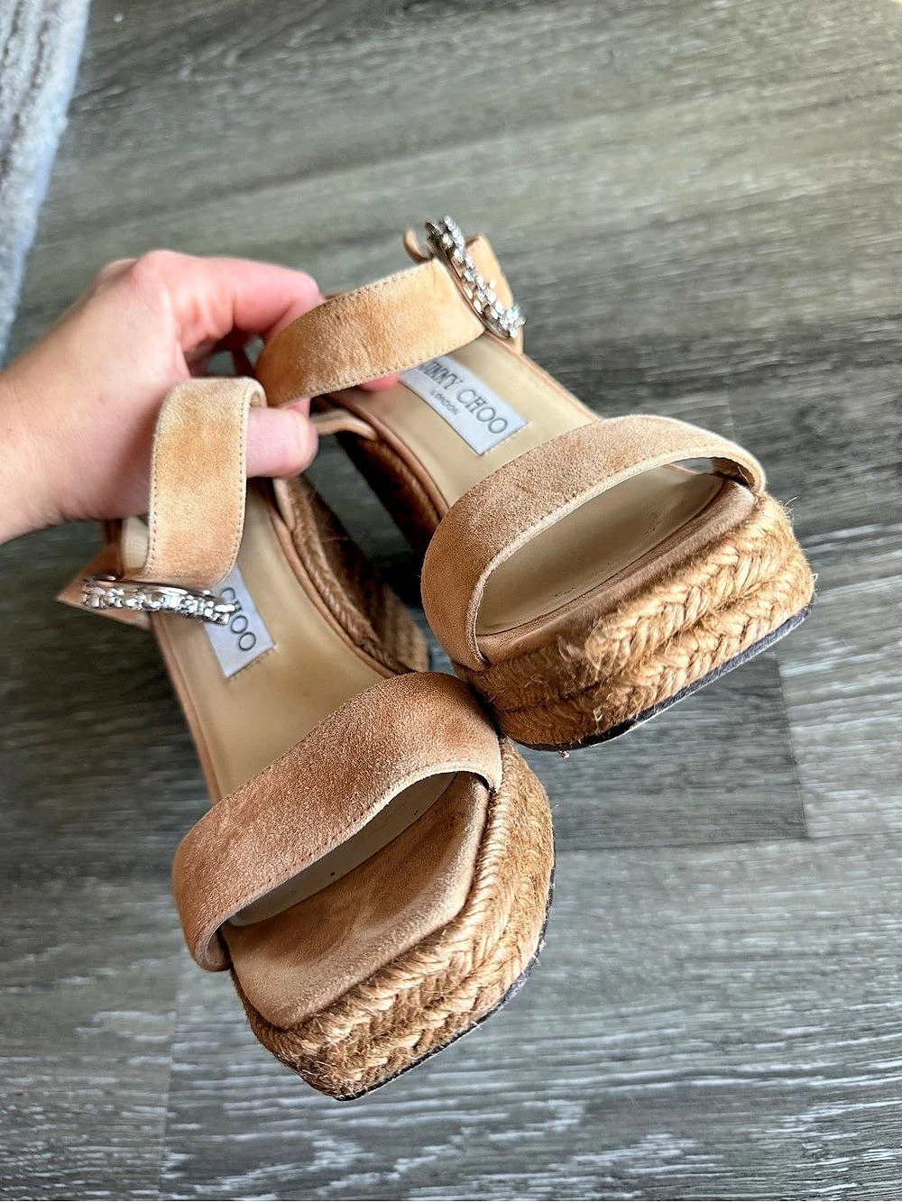Jimmy Choo Mirabelle Crystal-Buckle Suede Espadrille Wedge Sandals Brown - Picture 3 of 5